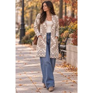 FRYE The Cozy Cardigan Sweater Tan White Aztec Southwestern Plus Size XXL